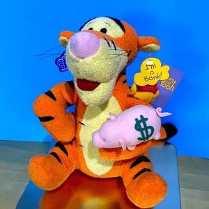 DISNEY NWT WINNIE THE POOH TIGGER PLUSH COIN PIGGY BANK w/STOPPER APPLAUSE 10”